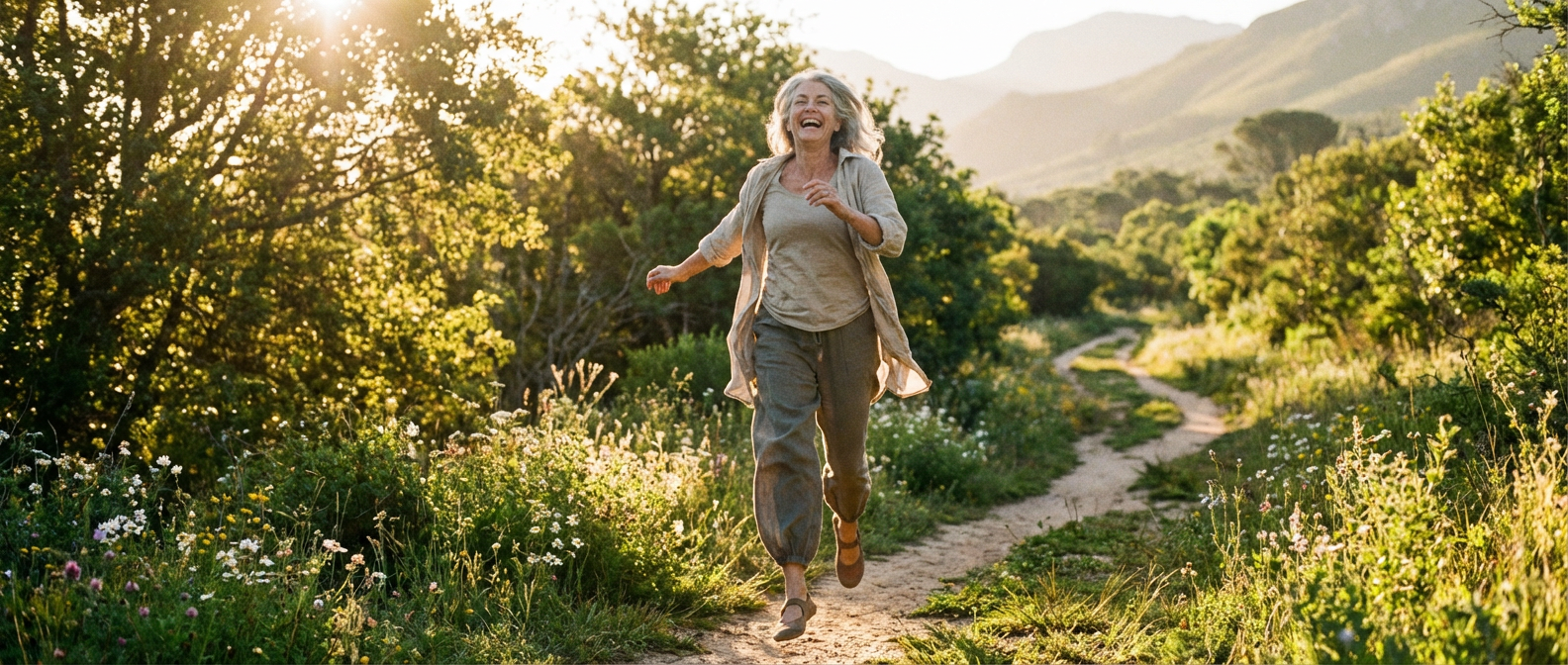 Une personne d'âge mûr marchant d'un pas léger en pleine nature, symbolisant la liberté de mouvement et l'absence de douleur, lumière matinale douce